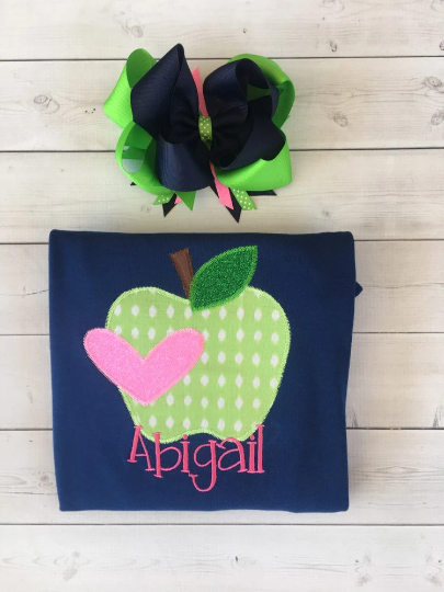 Back To School Green Apple Embroidered Shirt and Short Set