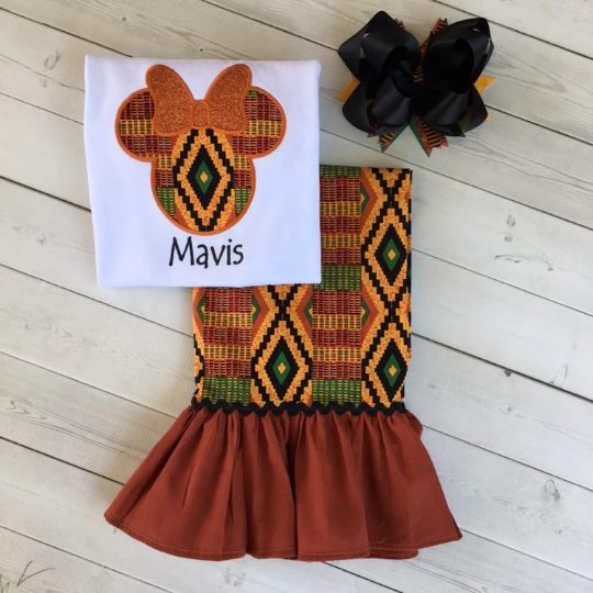 Kente Girls Embroidered Mouse Shirt and Ruffle Pant Set