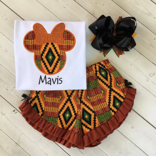 Kente Girls Embroidered Mouse Shirt and Ruffle Shortie Set