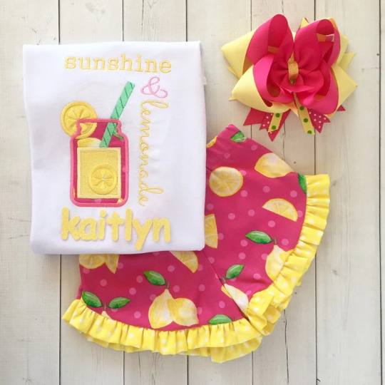 Lemon Squeezy Embroidered Jar Shirt and Ruffle Short Outfit