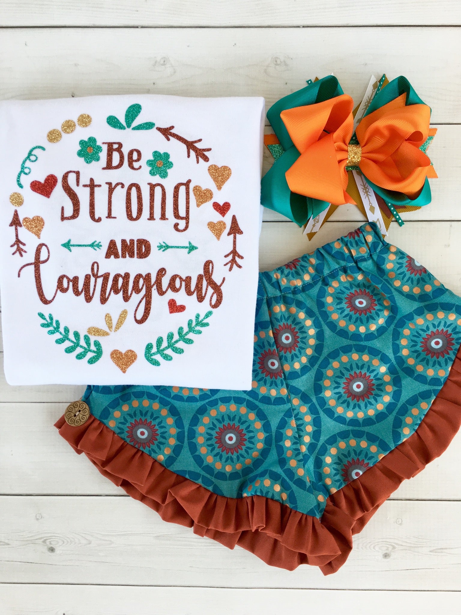 Be Brave Little One - Glitter "Be Strong" Ruffle Shortie Set