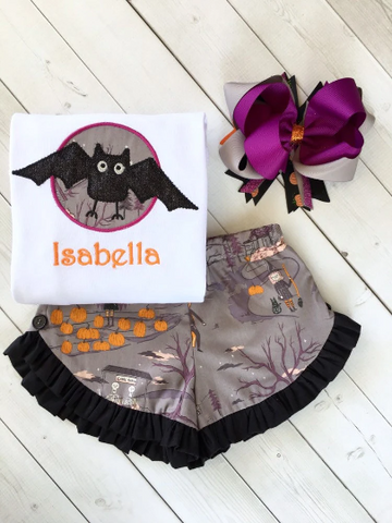 Embroidered Glitter Bat and Friends Ruffle Short Set