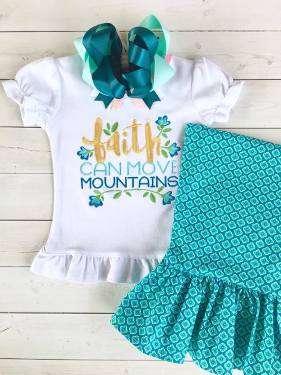 Faith Can Move Mountains Embroidered Girls Ruffle Pant Set