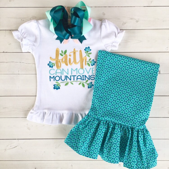 Faith Can Move Mountains Embroidered Girls Ruffle Pant Set