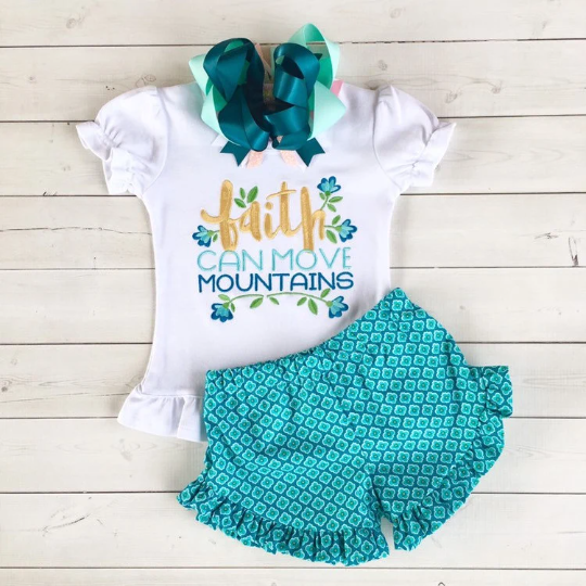 Faith Can Move Mountains Embroidered Girls Ruffle Shortie Set