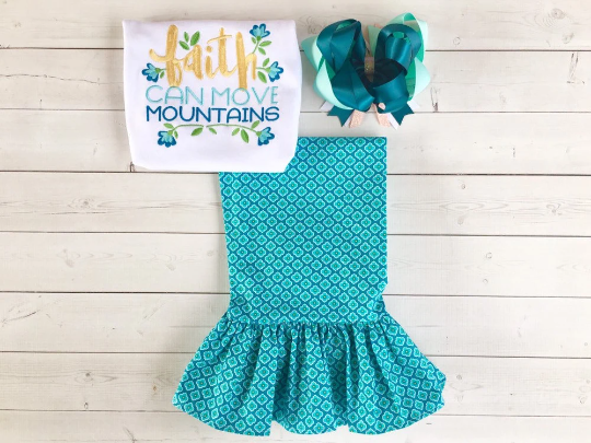 Faith Can Move Mountains Embroidered Girls Ruffle Pant Set