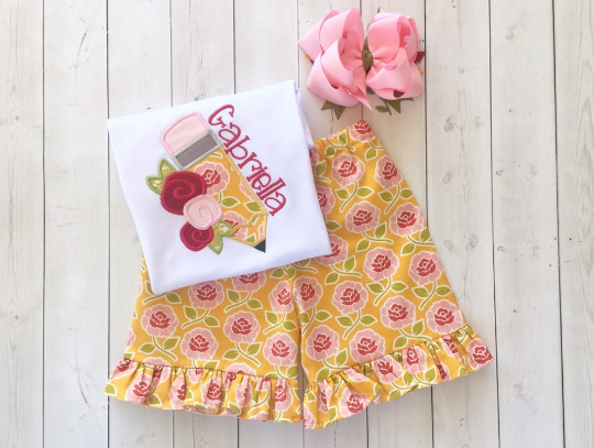 Back To School Embroidered Floral Pencil and Ruffle Short Set