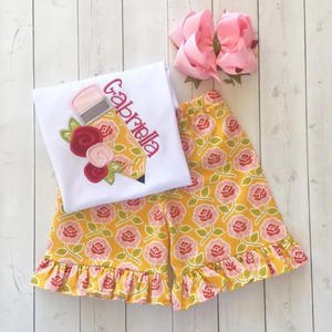 Back To School Embroidered Floral Pencil and Ruffle Short Set