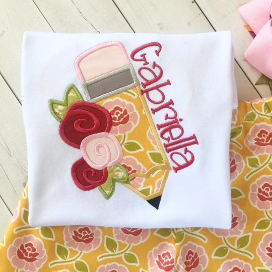 Back To School Embroidered Floral Pencil and Ruffle Short Set