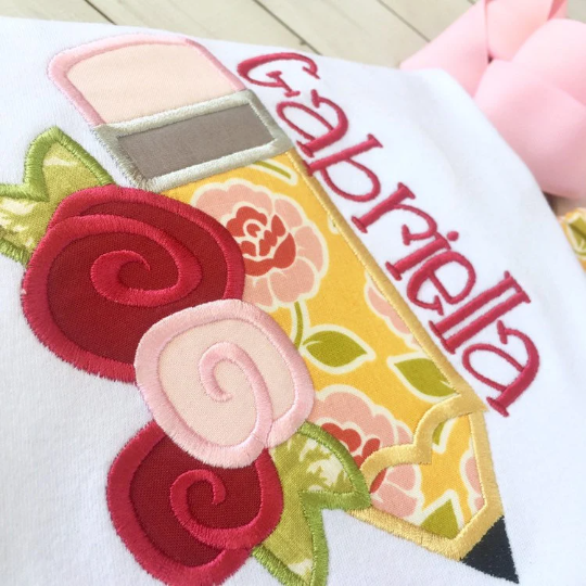 Back To School Embroidered Floral Pencil and Ruffle Short Set