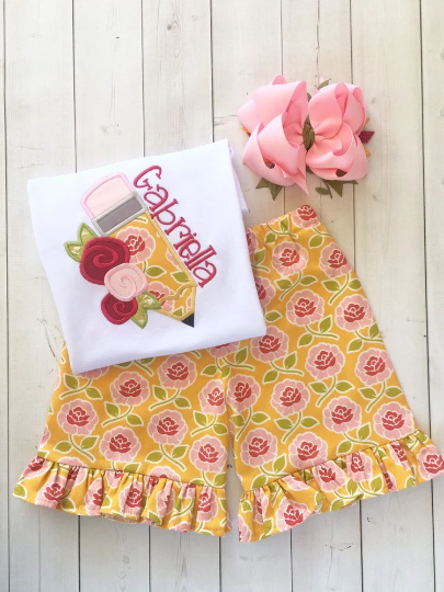 Back To School Embroidered Floral Pencil and Ruffle Short Set