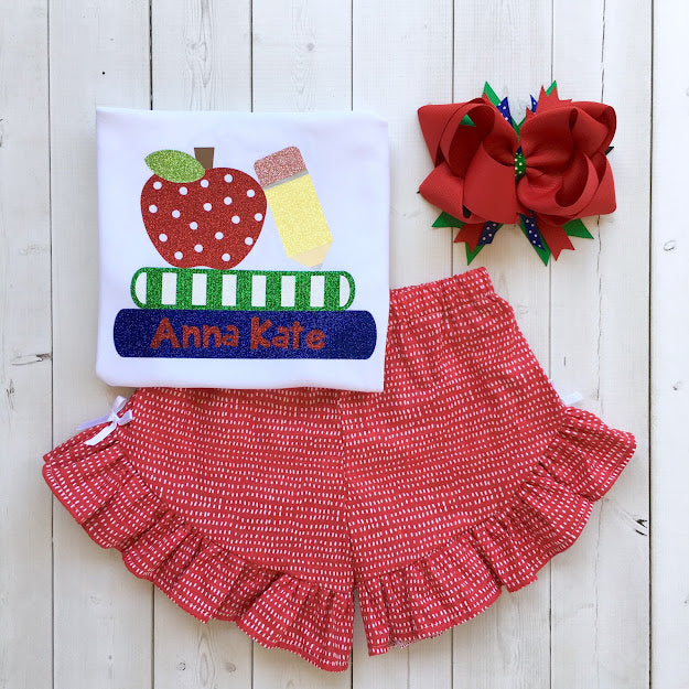 Glitter Apple and Books Girls Shirt and Short Set