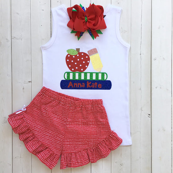 Glitter Apple and Books Girls Shirt and Short Set