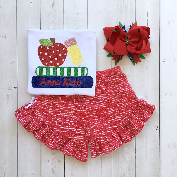 Glitter Apple and Books Girls Shirt and Short Set
