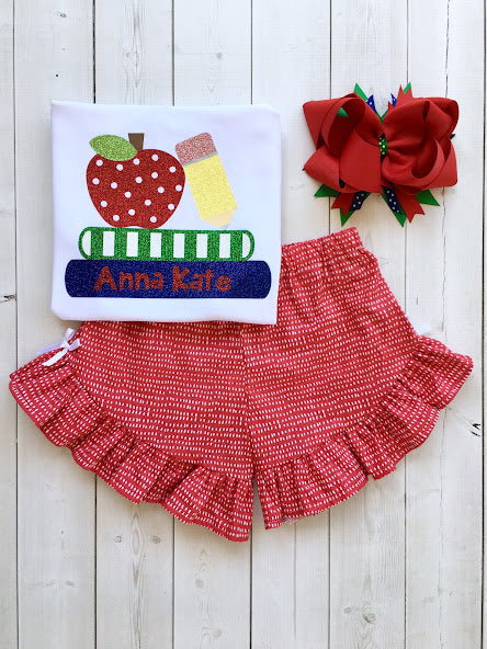 Glitter Apple and Books Girls Shirt and Short Set