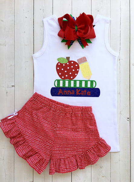 Glitter Apple and Books Girls Shirt and Short Set