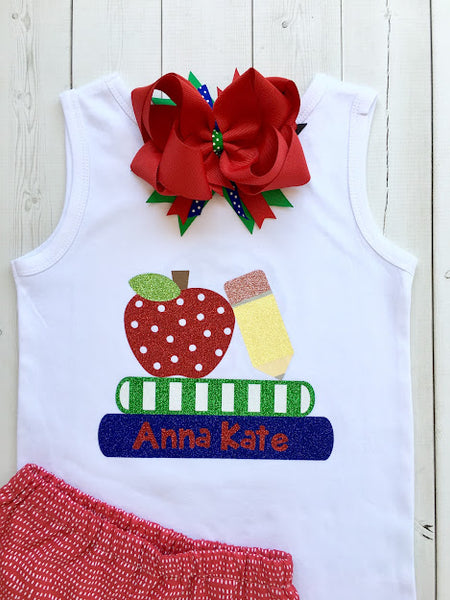 Glitter Apple and Books Girls Shirt and Short Set