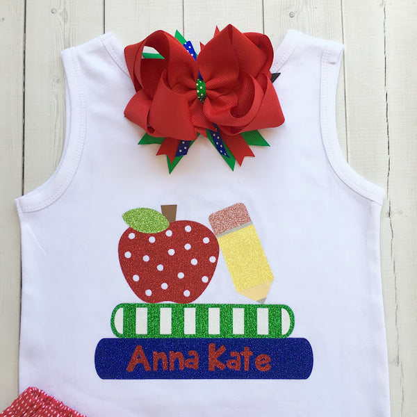 Glitter Apple and Books Girls Shirt and Short Set