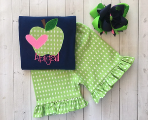 Back To School Green Apple Embroidered Shirt and Short Set