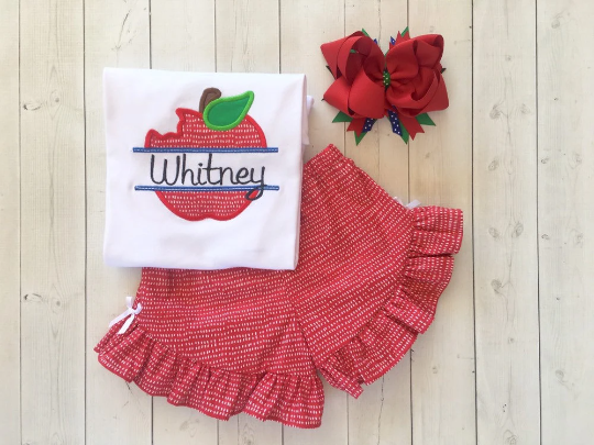 Back To School Embroidered Red Apple Shirt and Ruffle Short Set