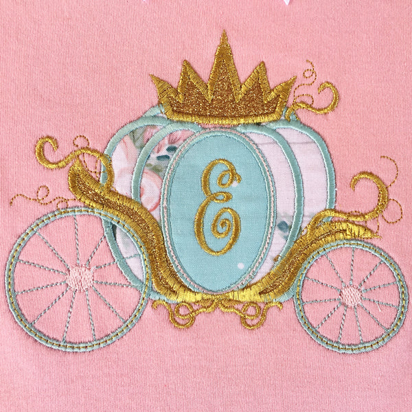 Gorgeous princess shirt for girls, toddlers and babies. Cinderella -inspired carriage topped with glitter crown, custom with first initial in the center. 