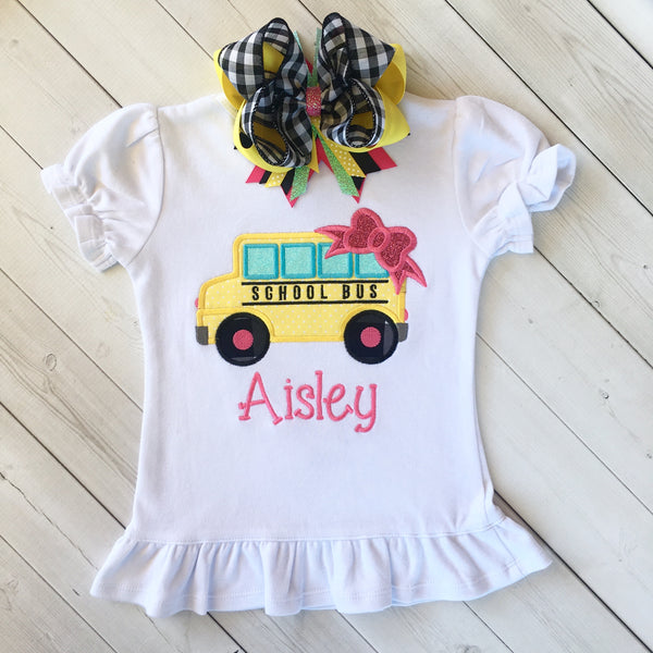 Little Miss Back To School Embroidered Bus Basic Ruffle Short Set