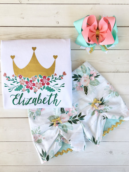 Gorgeous princess outfit for girls, toddlers and babies. Gold crown covered in glitter pink flowers customized with full name. Floral peek a boo shorts are perfection!