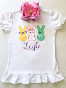 Girls easter outfit with shirt and easter bow. Shirt embroidered with three decorated bunnies inspired by Peeps! 