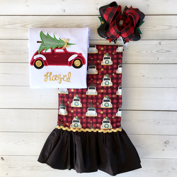 Vintage Christmas Car Embroidered Ruffle Pant Set