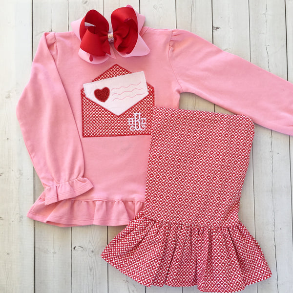 Embroidered Valentine Letter Shirt and Ruffle Pant Set