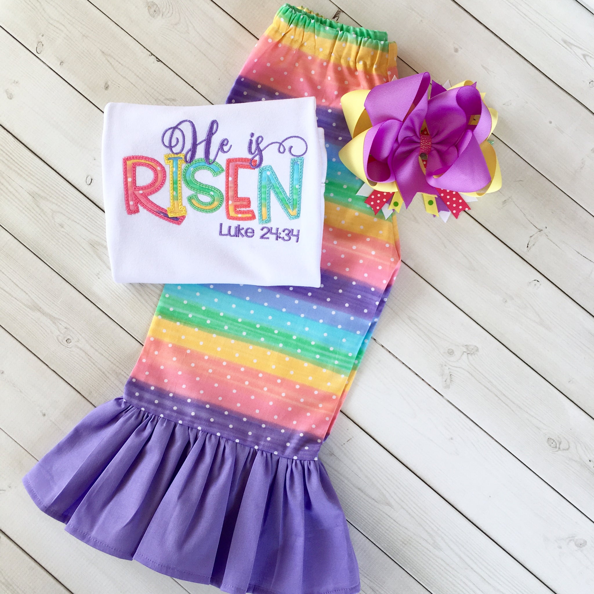 He Is Risen Rainbow Embroidered Single Ruffle Pant Set