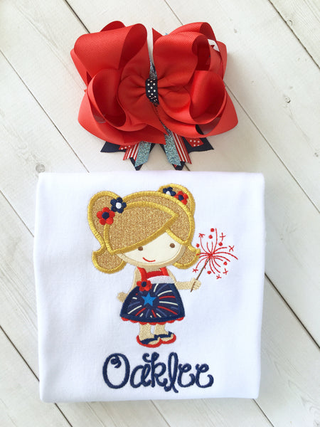 Freedom and Fireworks Embroidered Sparkler Girl Peek-A-Boo Short Set