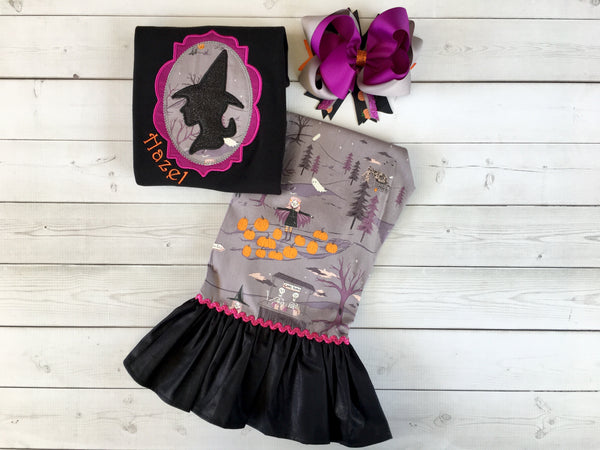 Embroidered Glitter Witch and Friends Single Ruffle Pant Set