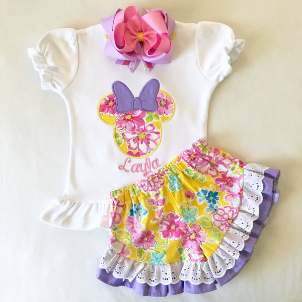 Spring Mouse Embroidered Ruffle Short Set