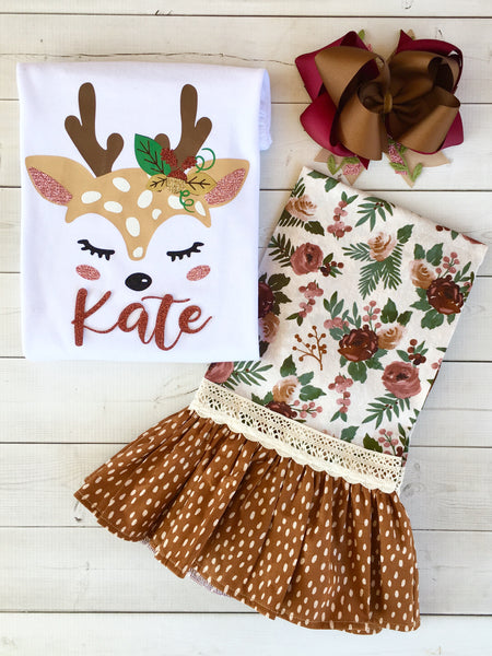 Girls Glitter Deer Shirt and Single Ruffle Pant Set