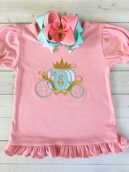 Gorgeous princess shirt for girls, toddlers and babies. Cinderella -inspired carriage topped with glitter crown, custom with first initial in the center. 