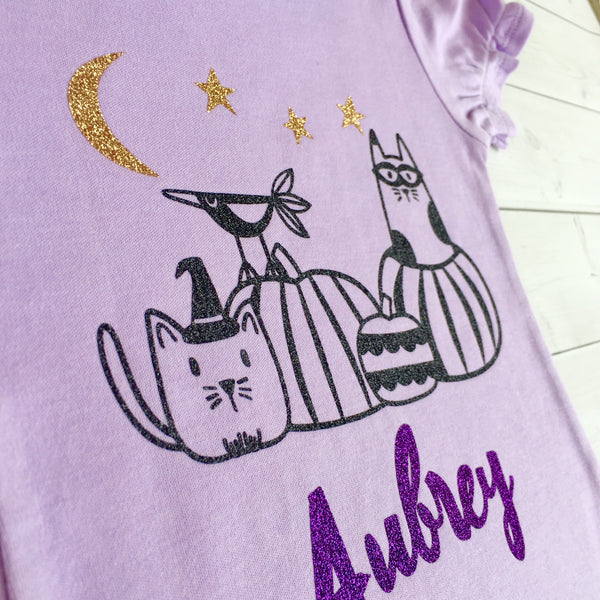 Glitter Halloween Cats and Pumpkins Single Ruffle Pant Set