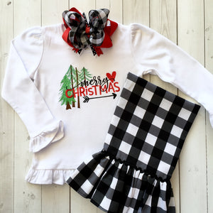 Merry Christmas Pines Embroidered Shirt and White Buffalo Plaid Ruffle Pant Set
