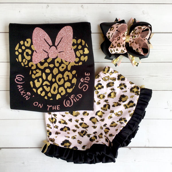 Walkin' On the Wild Side Girl's Cheetah Glitter Mouse Ruffled Short Set