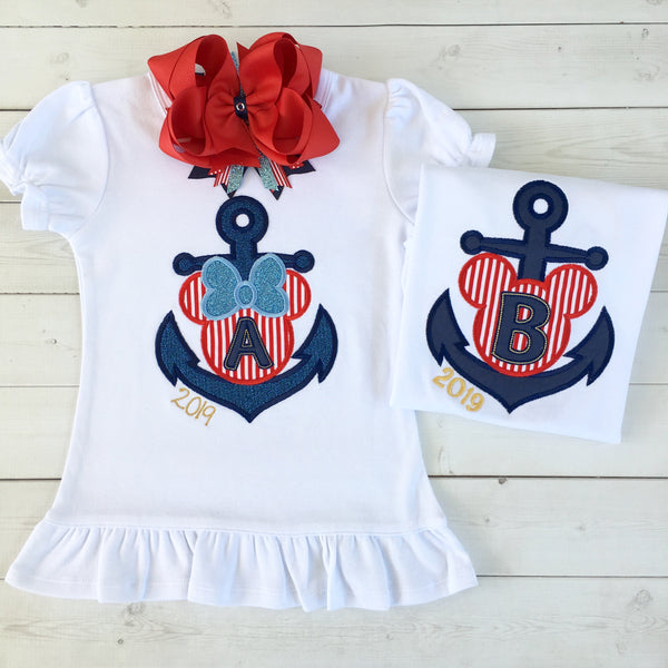 Cruisin' On The High Seas- Embroidered "Mouse Anchor" Traditional Striped Shortie with Ruffle