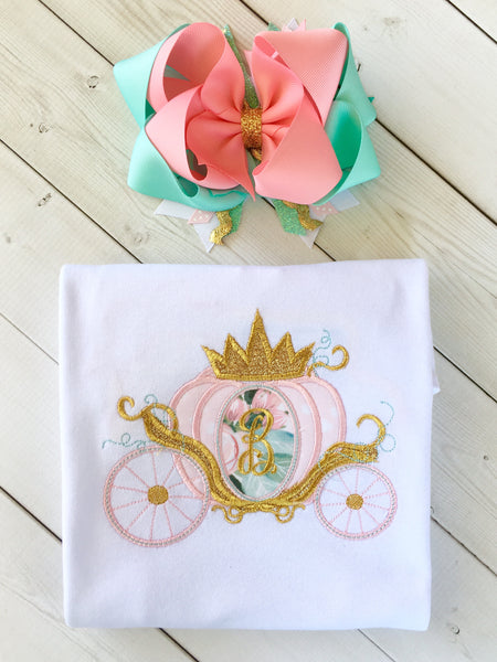 Gorgeous princess shirt for girls, toddlers and babies. Cinderella -inspired carriage topped with glitter crown, custom with first initial in the center. 