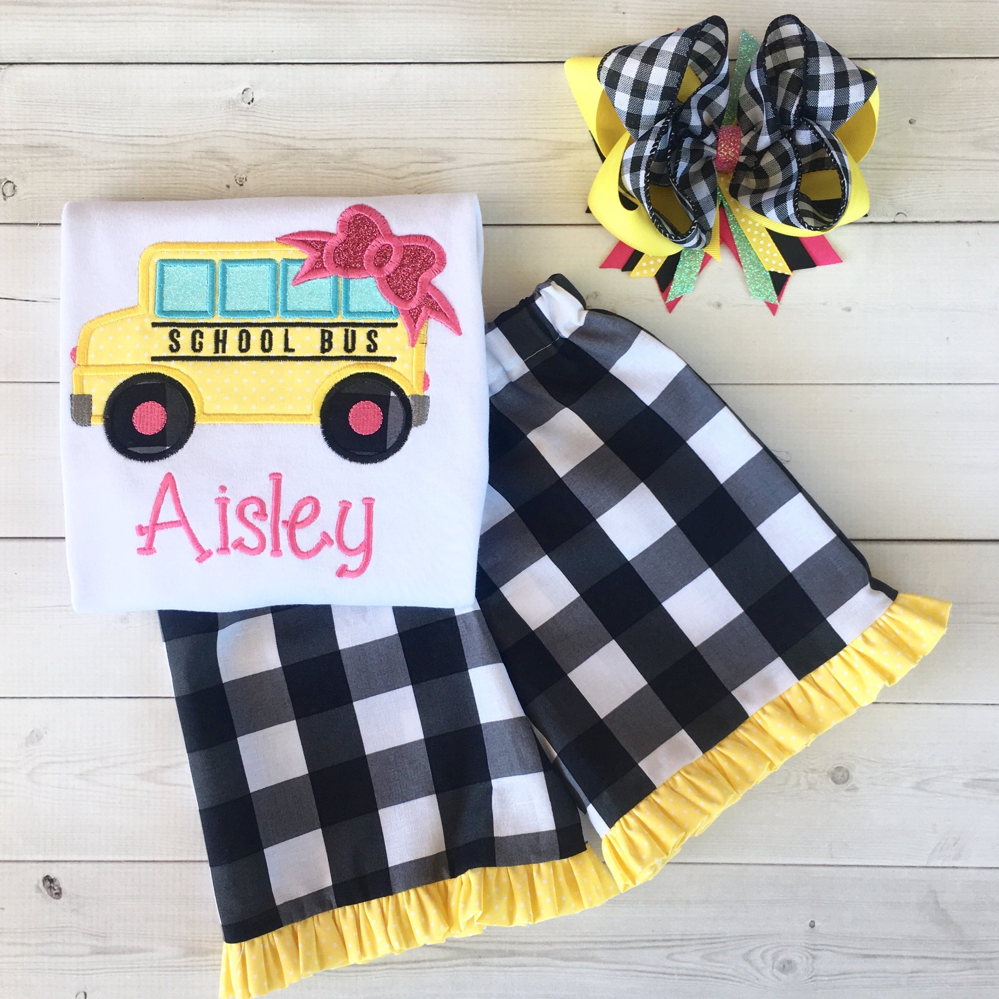 Little Miss Back To School Embroidered Bus Basic Ruffle Short Set