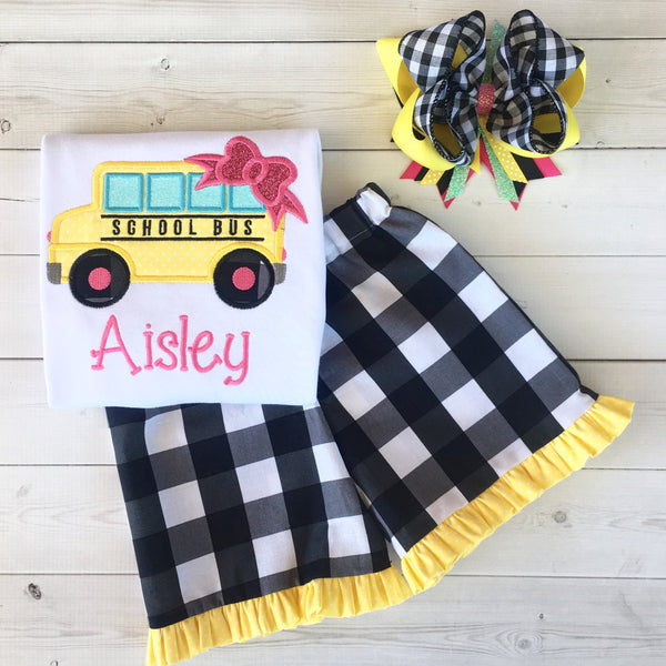 Little Miss Back To School Embroidered Bus Basic Ruffle Short Set