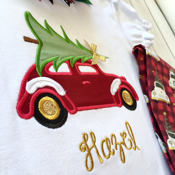 Vintage Christmas Car Embroidered Ruffle Pant Set