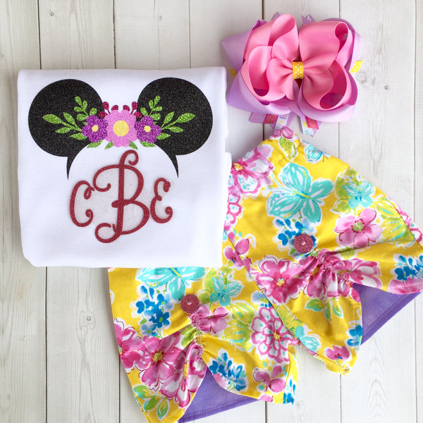 Spring Glitter Mouse With Floral Crown Shirt & Peek-a-boo Shortie set