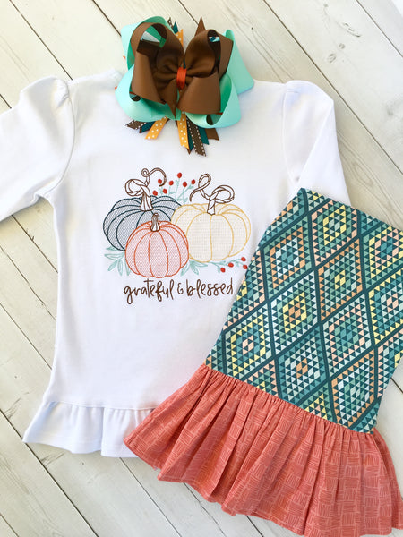 Grateful Embroidered Pumpkin Single Ruffle Pant Set