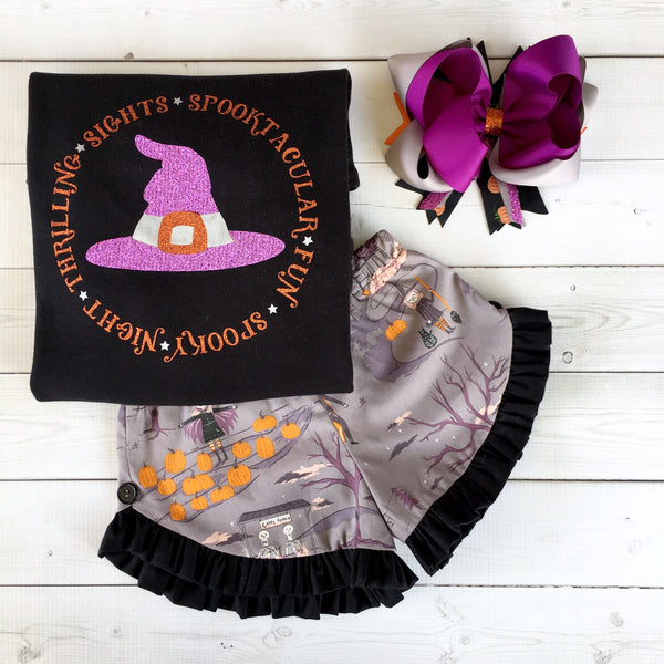 Glitter Witch Hat and Friends Ruffle Short Set