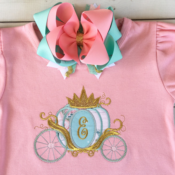 Gorgeous Disney princess shirt for girls, toddlers and babies. Cinderella carriage topped with gold glitter crown. Custom first initial in gold.