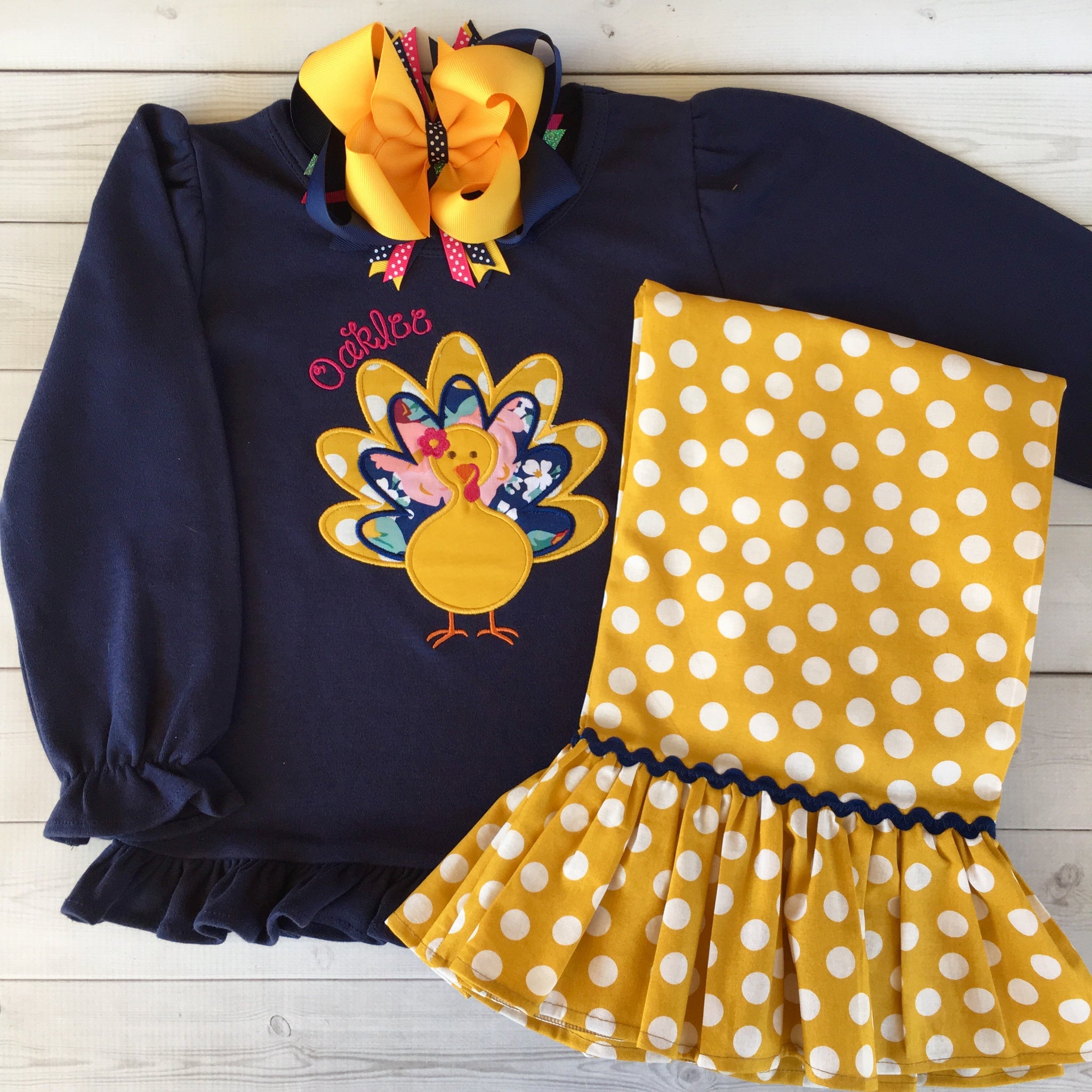Thankful Embroidered Girl Turkey Single Ruffle Pant Set