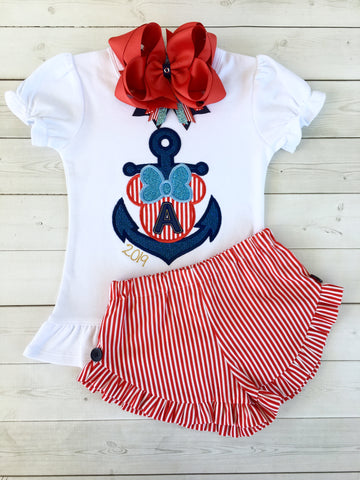 Cruisin' On The High Seas- Embroidered "Mouse Anchor" Striped Ruffle Shortie